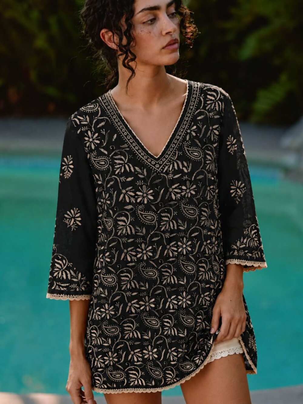 Embroidered V-Neck Black Tunic Blouse - Brand